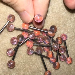 14 Gauge Pink, Orange, and Purple with Silver Glitter, Stripe Design Tongue Ring
